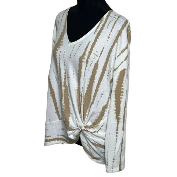Terra‎ & Sky 0X(14W) stylish + cozy white & tan long sleeve ruched side top - Picture 2 of 7